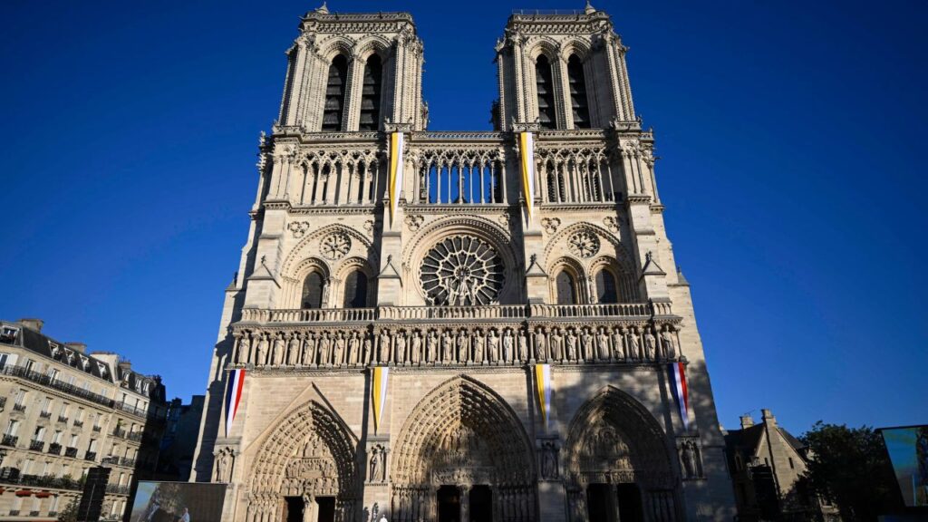 Crowds assemble outside the restored Notre-Dame Cathedral for Pope Leo XIVʼs visit on Sept. 25, 2026, seven years after a devastating fire nearly destroyed the cathedral.| Credit: Vatican Media