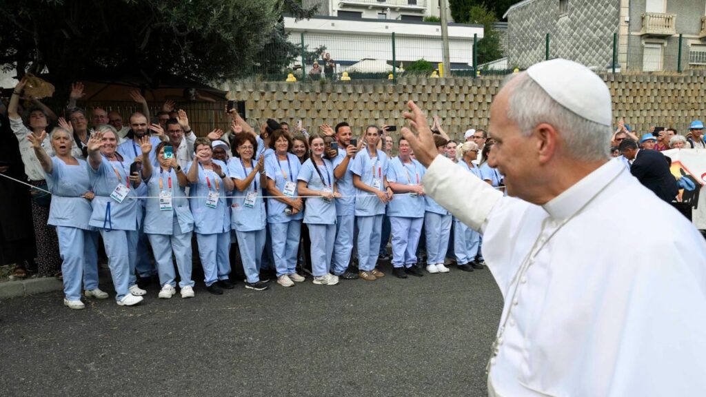 Pope Leo XIV greets medical staff and those assisted by the Accueil Notre-Dame on Sept. 26, 2027 in Lourdes, France. | Credit: Vatican Media