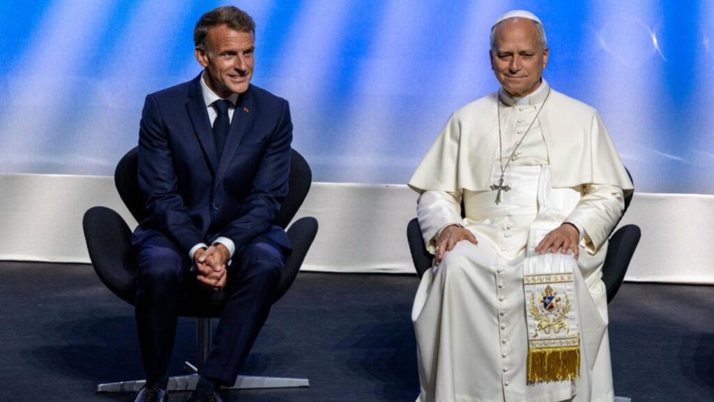 Pope Leo XIV sits with French President Emmanuel Macron at the meeting “To the Roots of Europe for Peace and Unity” at the Robert Schuman Conference Center in Metz, France, on Sept. 28, 2026. | Credit: Daniel Ibáñez/EWTN News