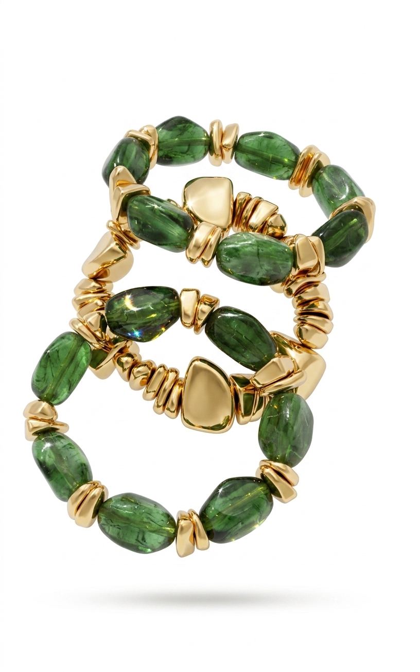 Green Stone Gold Tone Stretch Bracelet Set (Set of 3)