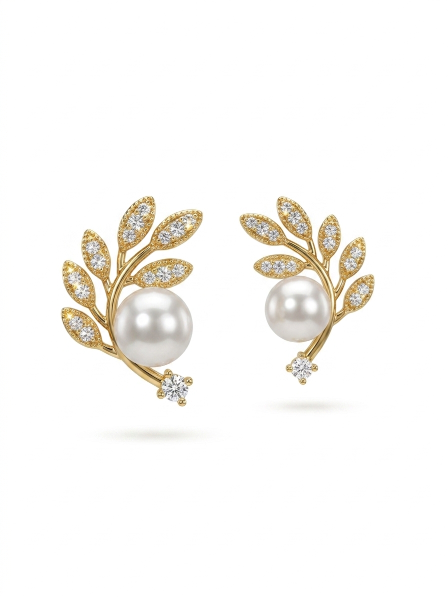 Elegant Pearl Zircon Gold Plated Leaf Studs
