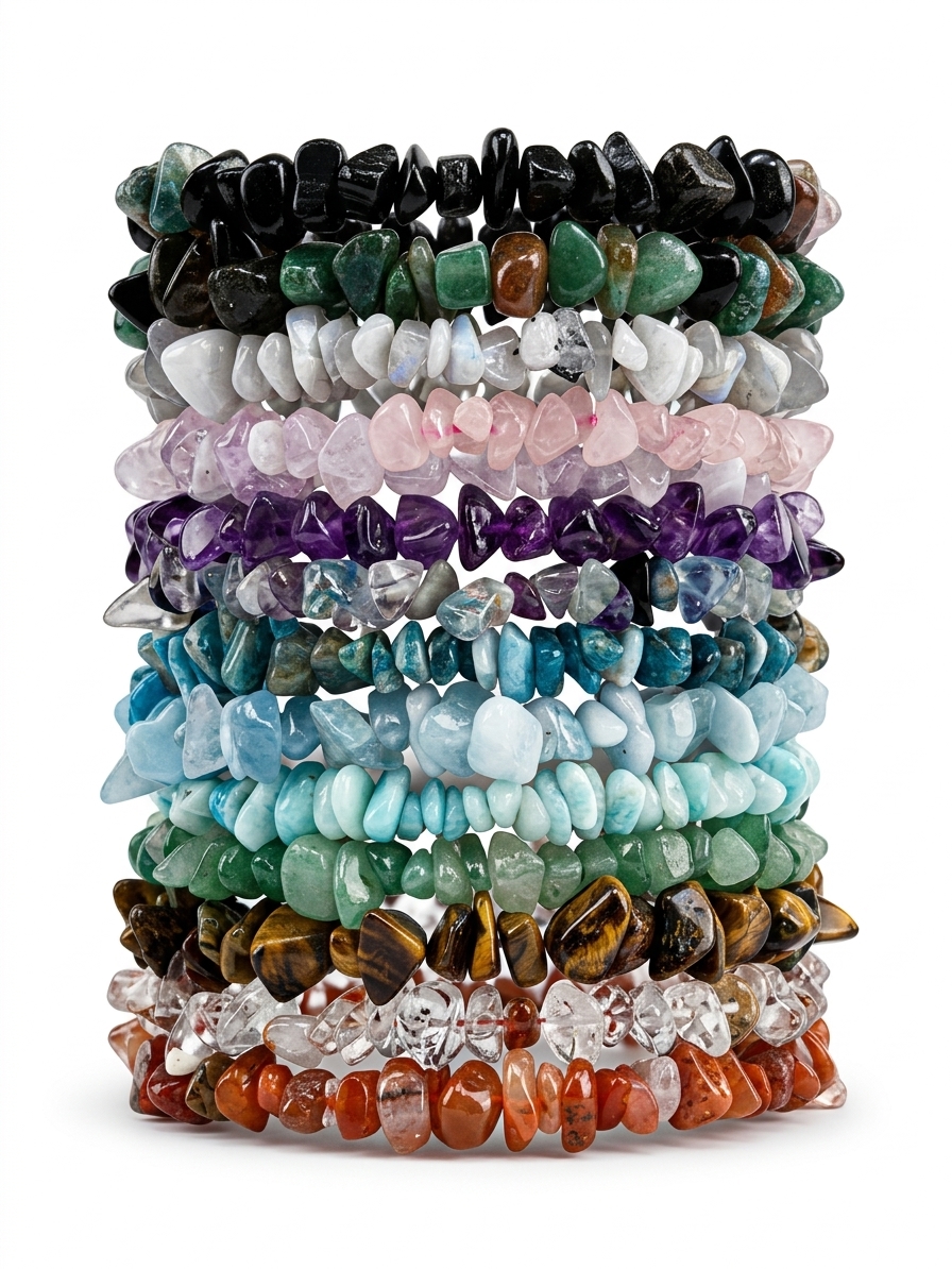 12 Pcs Assorted Natural Gemstone Chip Elastic Bracelets