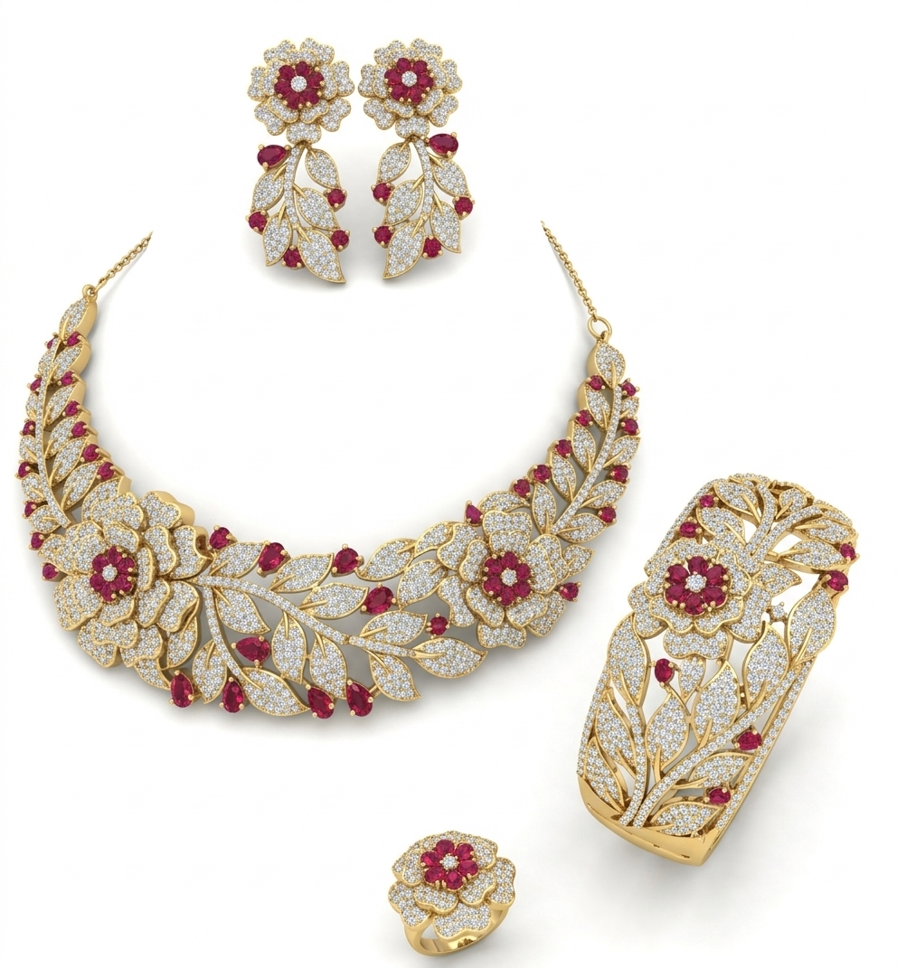 Floral Ruby Look CZ Jewellery Set