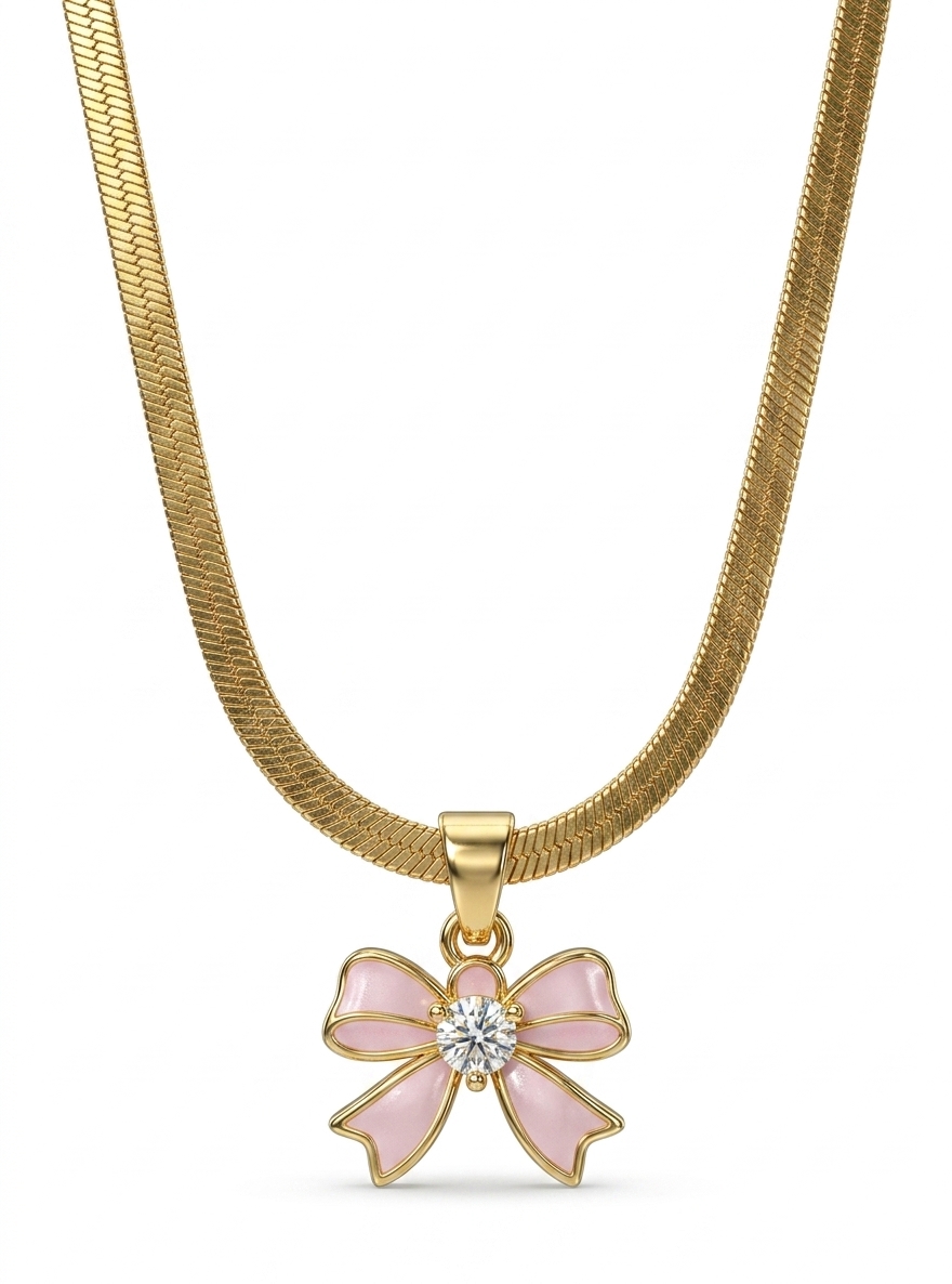 Pink Bow Pendant Gold-Tone Necklace for Women