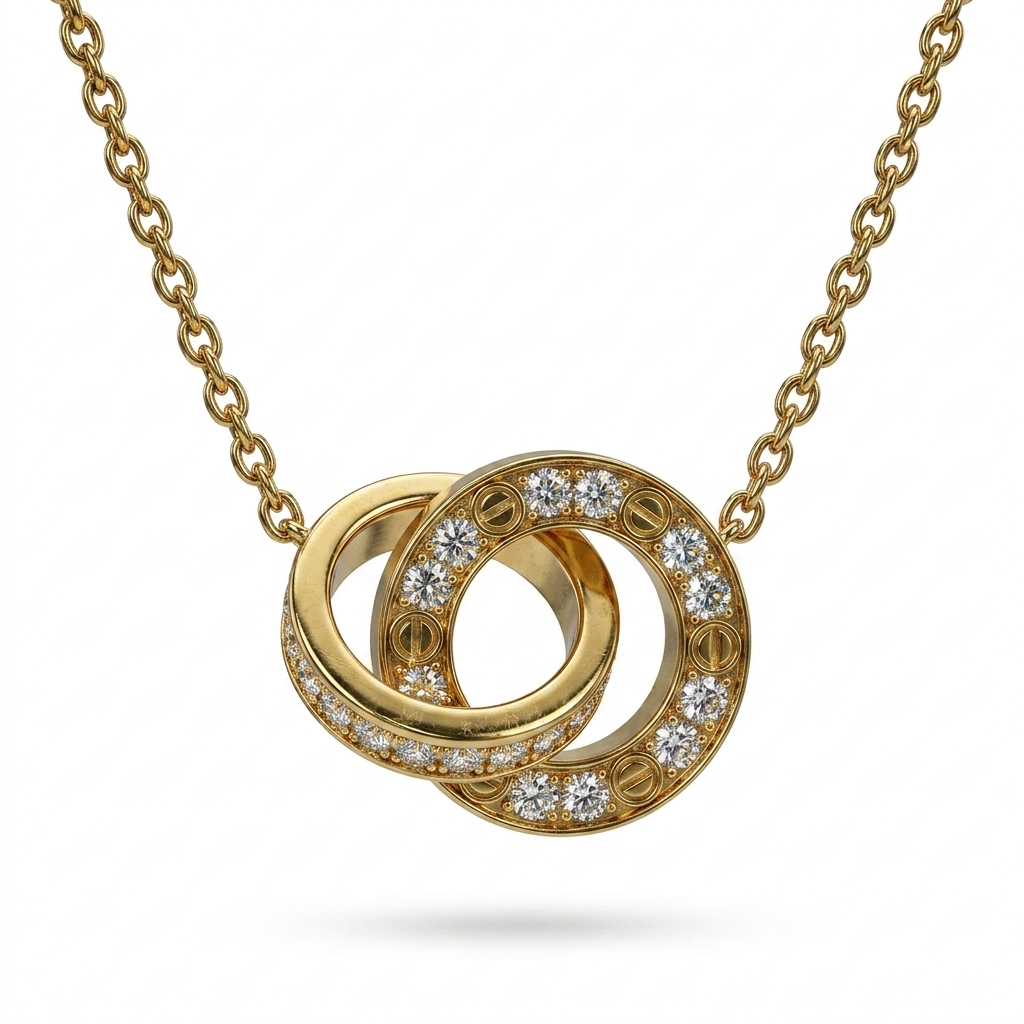 Gold Plated Interlocking Rings CZ Pendant Necklace