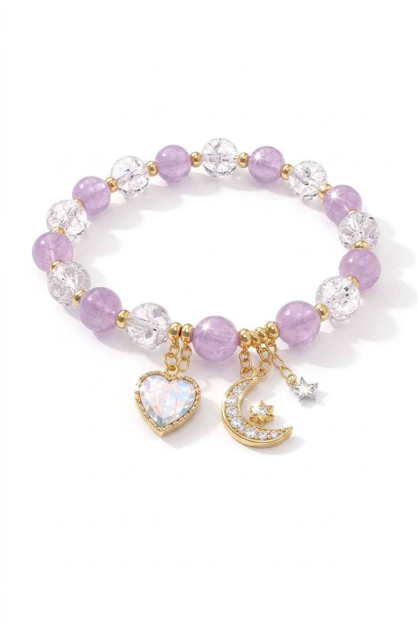 Purple Beaded Charm Bracelet with Moon & Heart