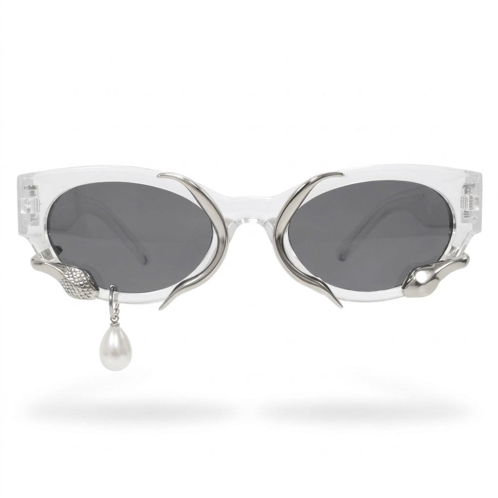Stylish Snake Design Oval Sunglasses with Pearl Drop