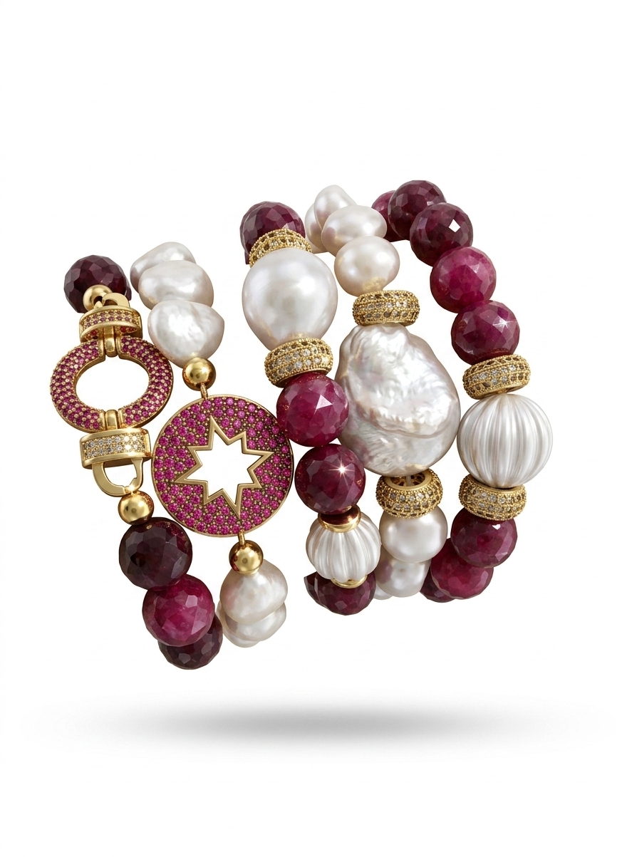 Multi-Strand Pearl & Ruby Stone Bracelet Set