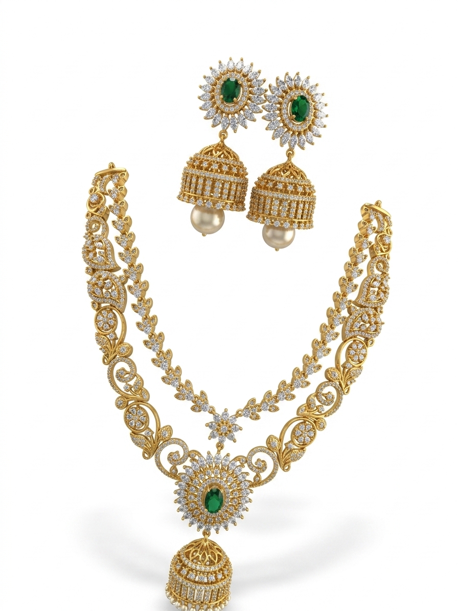 CZ Gold Plated Jhumka Necklace Set Green Stone
