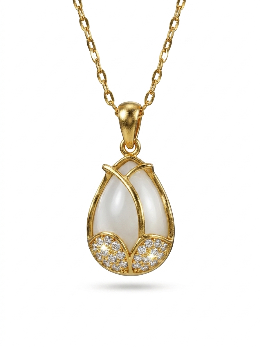 Gold-Toned Faux Pearl CZ Tulip Pendant Necklace