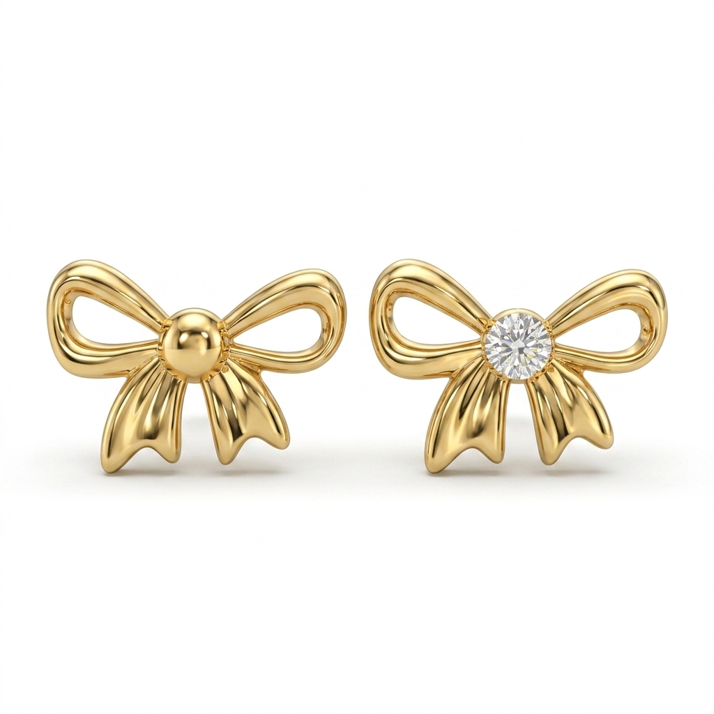 Gold Bow Stud Earrings with Crystal
