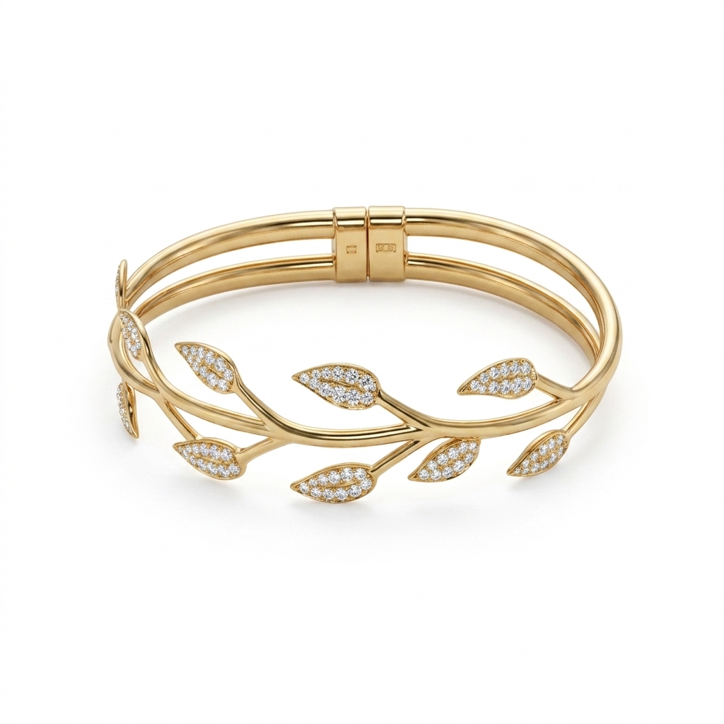 Gold Plated CZ Leaf Bangle Bracelet for Women