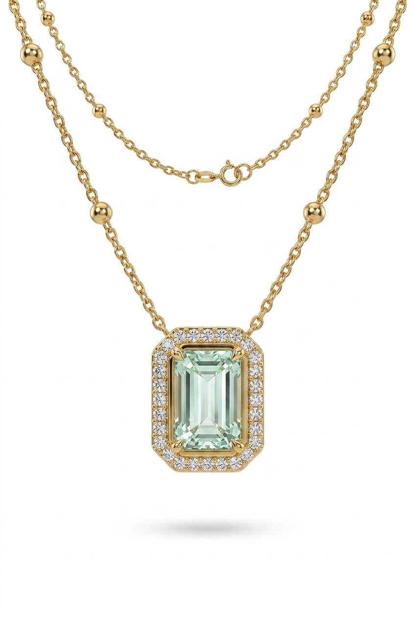 Green Emerald Cut Stone Pendant Gold Beaded Necklace