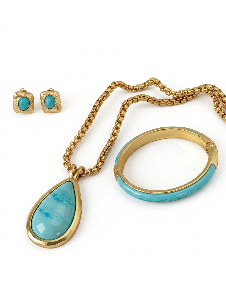 Faux Turquoise Gold Tone Necklace Earrings Bracelet Set