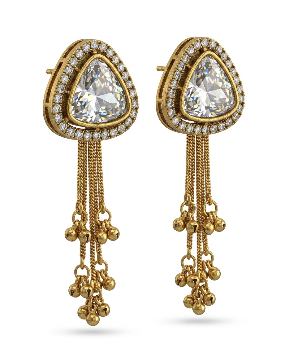 Traditional Gold-Plated CZ Stone Dangler Earrings