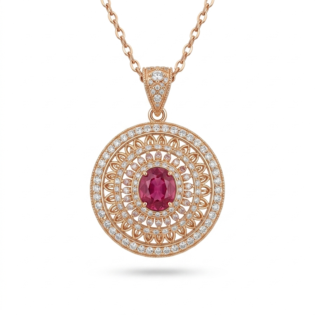 Ethnic Rose Gold Ruby Pink CZ Pendant Necklace