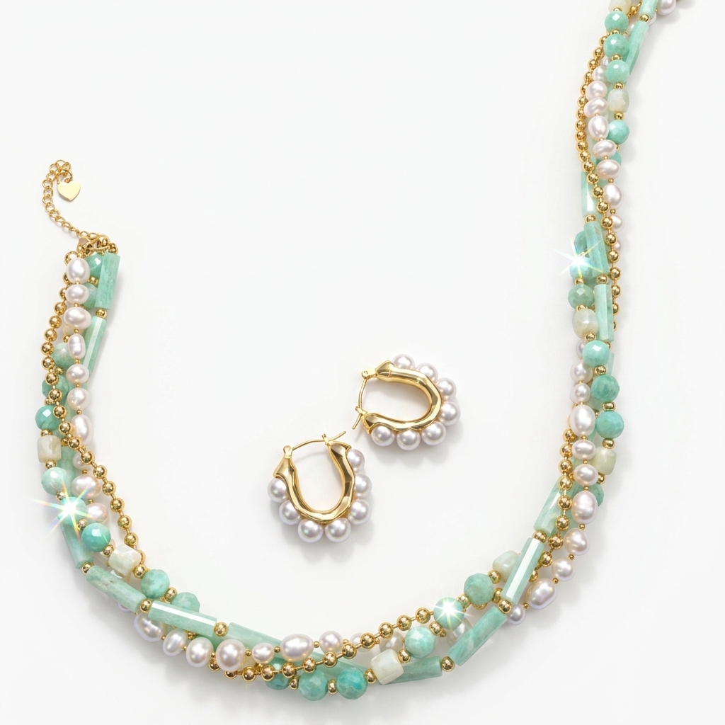 Pearl & Stone Beaded Necklace & Earrings Set