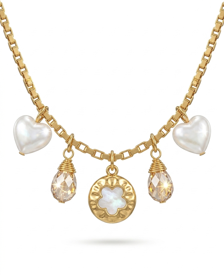 Pearl & Crystal Charm Gold Plated Necklace