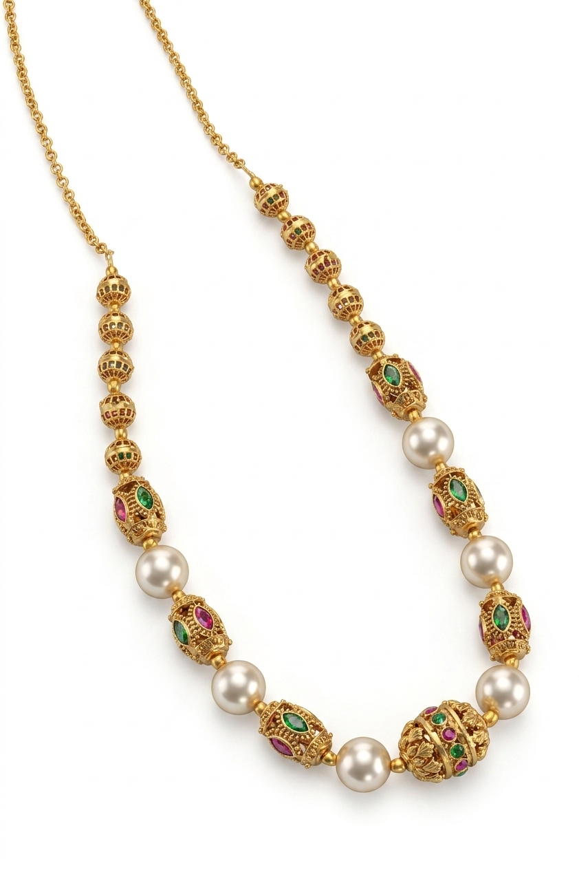 Ethnic Gold Toned Pearl & Stone Necklace