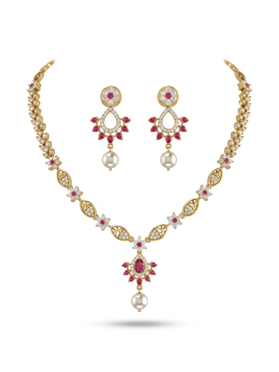 Elegant Ruby CZ Pearl Gold Plated Jewellery Set