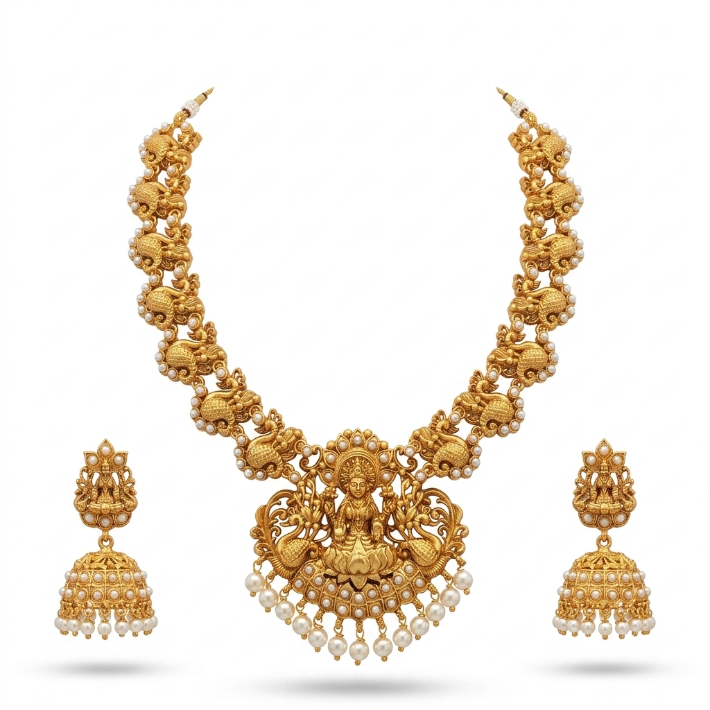 Lakshmi Gold Plated Pearl Necklace & Jhumka Set