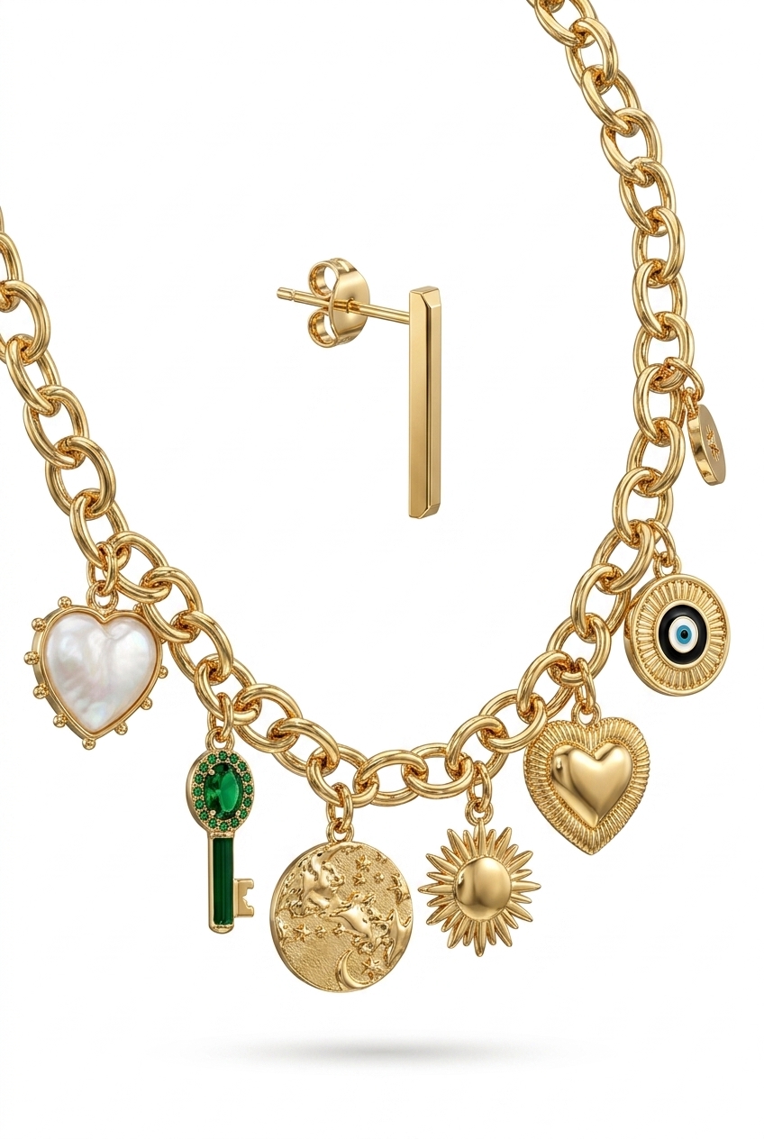 Trendy Gold Plated Charm Necklace & Earring Set