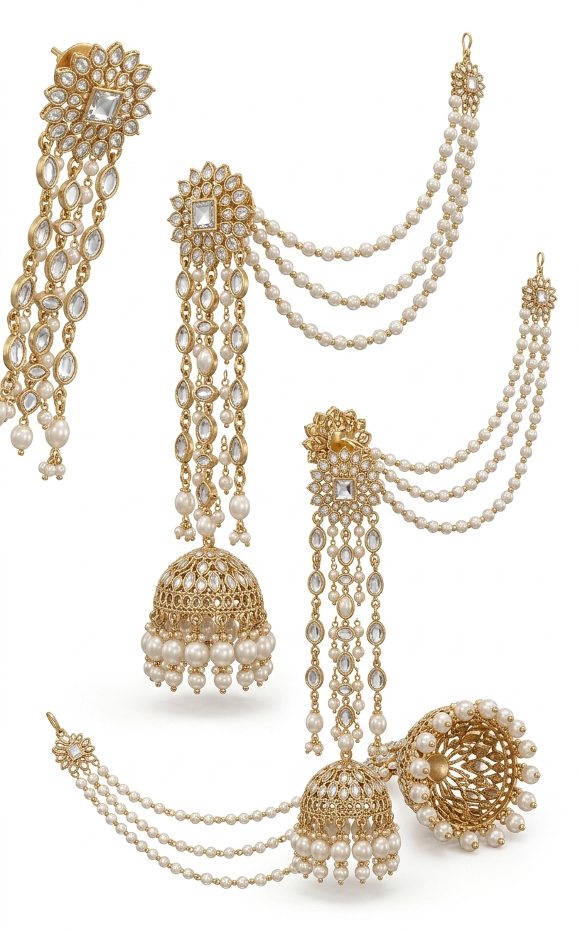 Kundan Pearl Jhumka Earrings with Sahara Chains