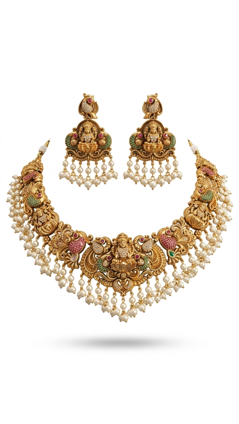 Lakshmi Temple Choker Set with Pearls & Stones