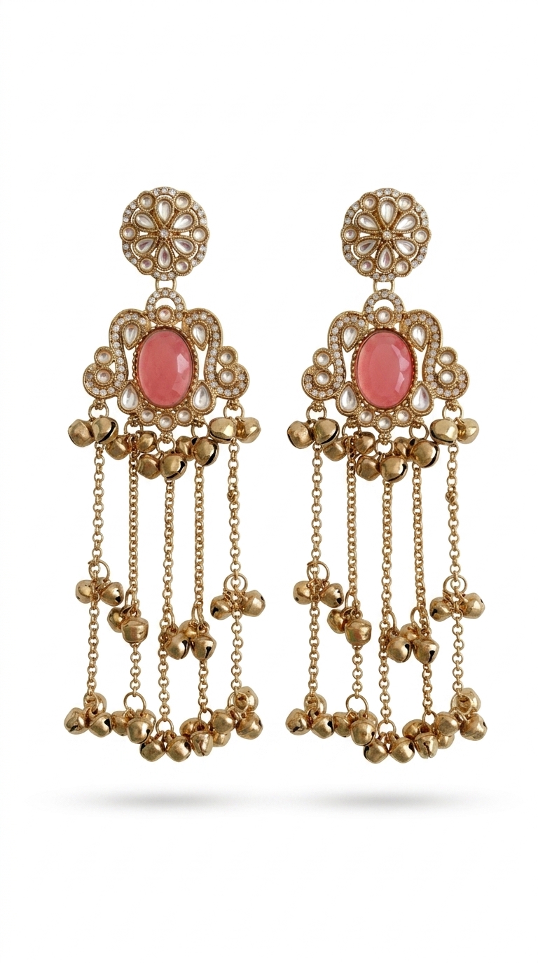 Pink Stone Kundan Jhumka Earrings for Women