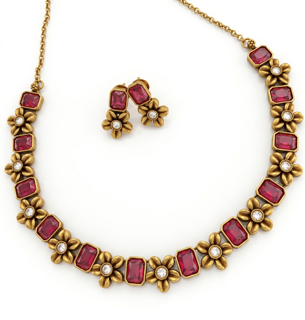 Ruby Stone Floral Necklace Set with Earrings