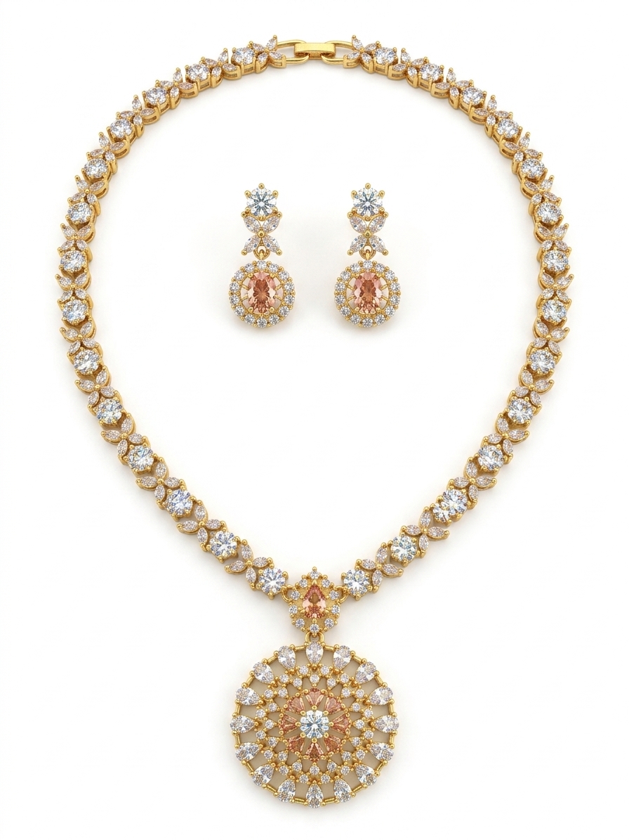 Gold Plated CZ Stone Necklace Earring Set