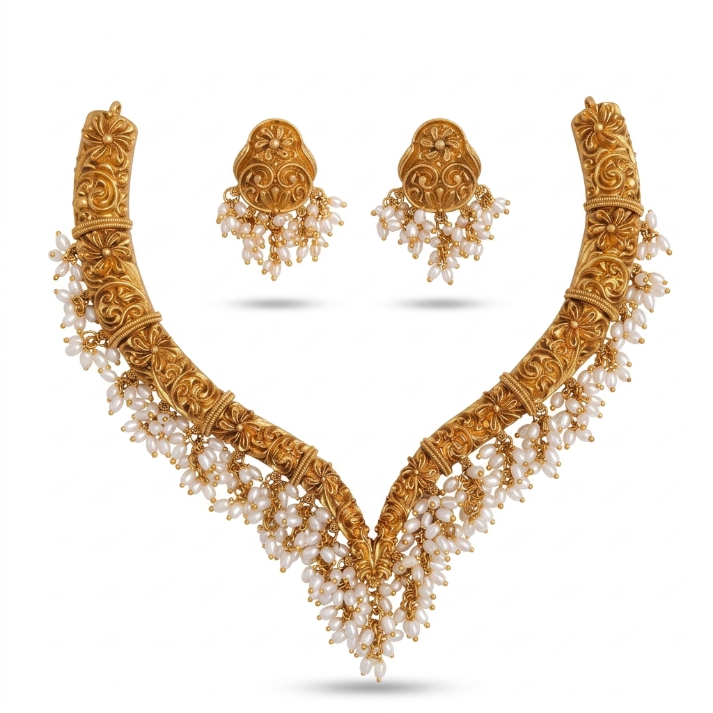 Traditional Gold Plated Pearl Choker Set