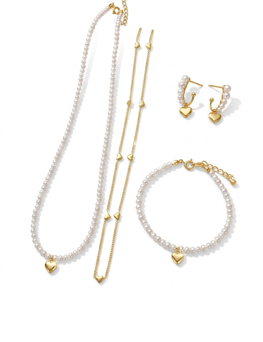 Pearl & Gold Heart Charm Jewellery Set