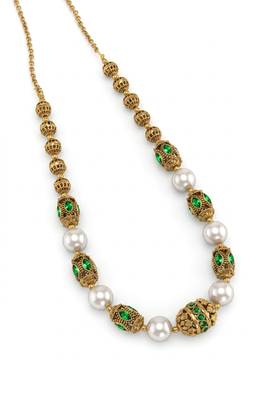 Ethnic Gold Plated Pearl & Green Stone Necklace