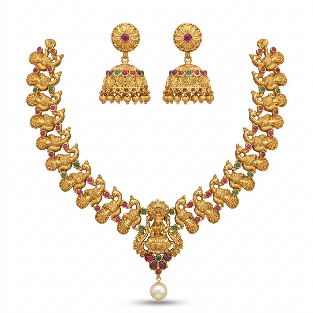 Ethnic Peacock Lakshmi Necklace Set with Jhumkas