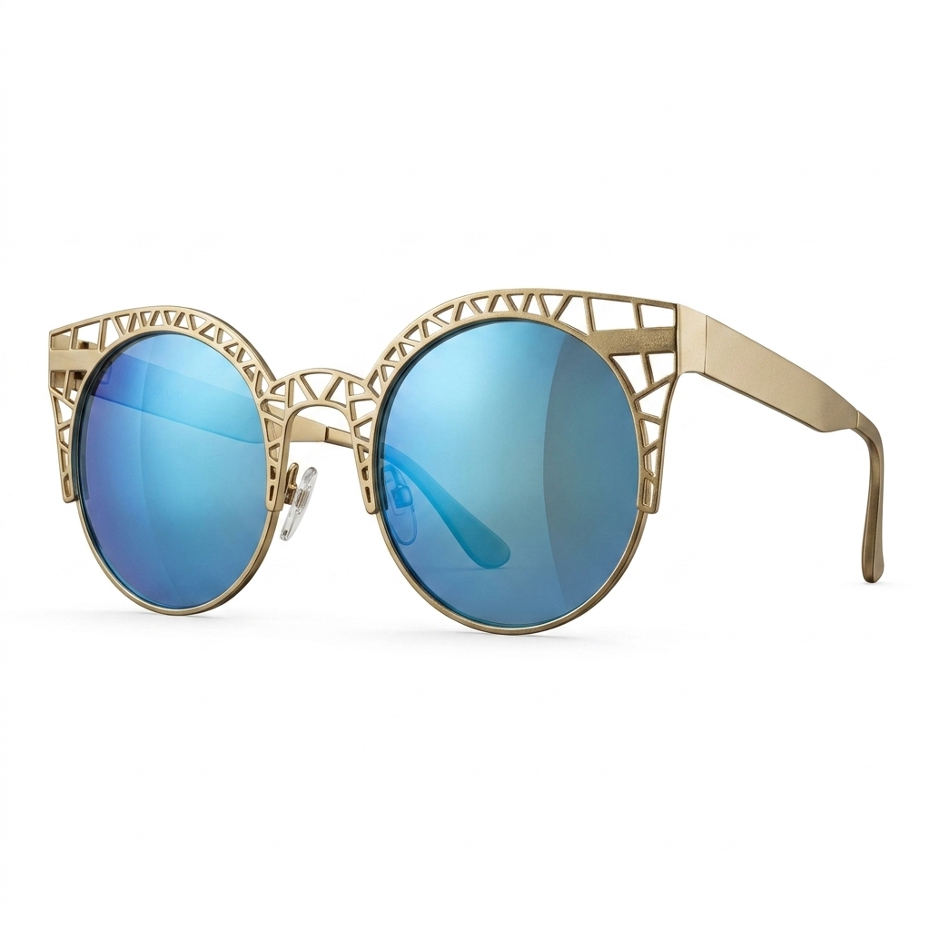 Stylish Gold Round Geometric Sunglasses Blue Mirror