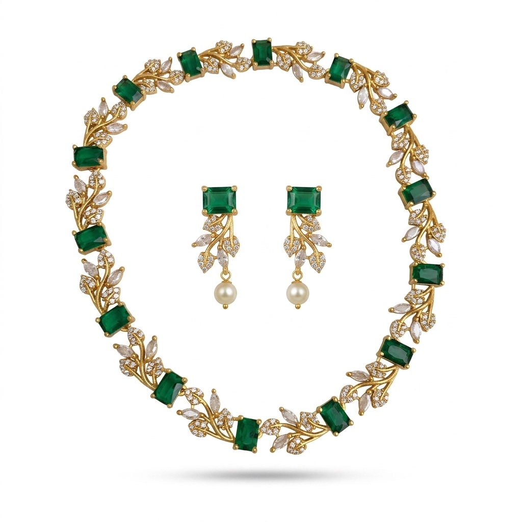 Emerald Green AD Stone Necklace & Earring Set