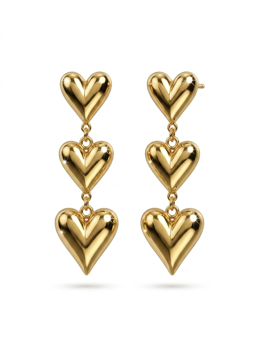 Gold Plated Triple Heart Dangle Earrings