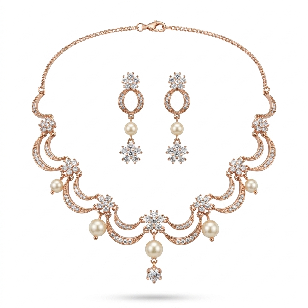 Elegant Rose Gold Pearl CZ Necklace Set for Women