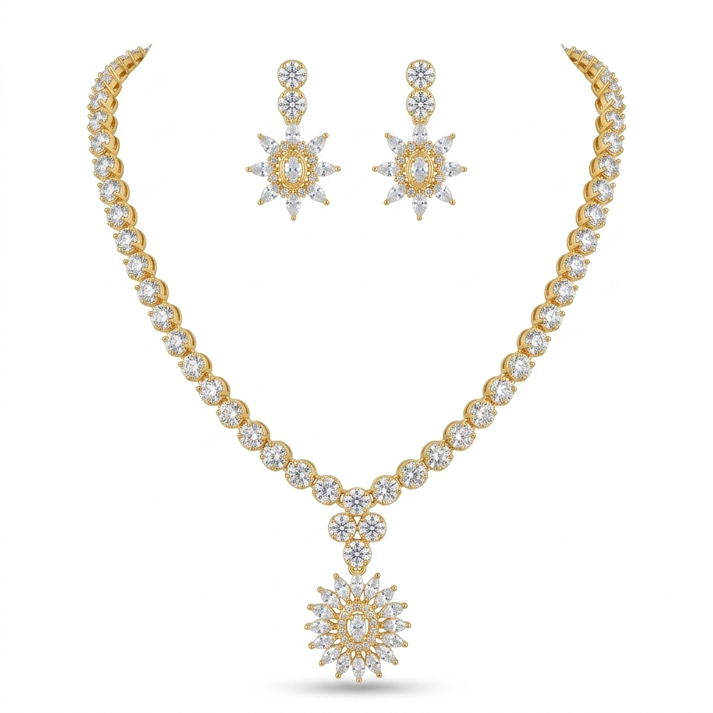 AD Stone Gold Plated Necklace Earring Set