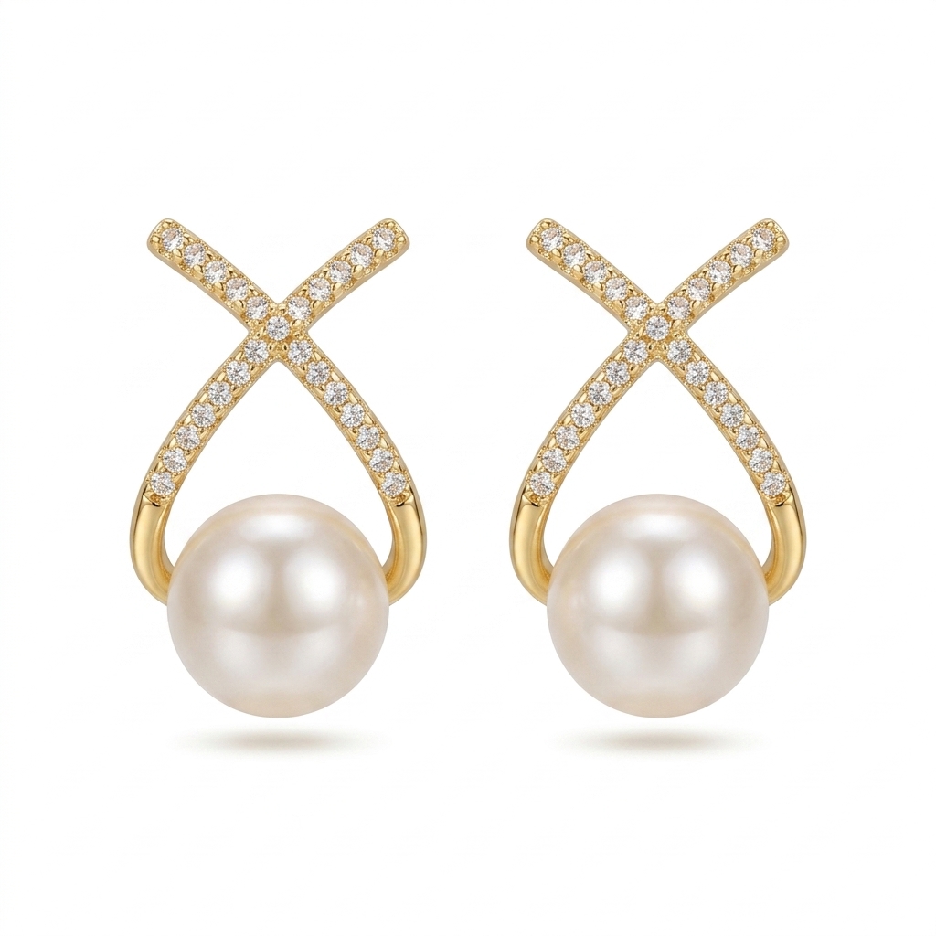 Elegant Gold-Toned Pearl & CZ Earrings for Women