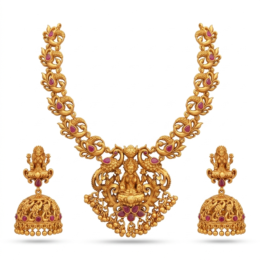 Antique Gold Plated Lakshmi Peacock Jewellery Set