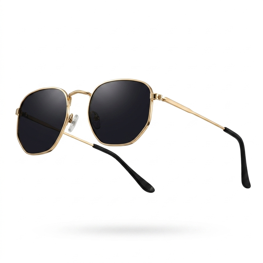 Octagonal Gold Frame Black Lens Sunglasses for Men Women
