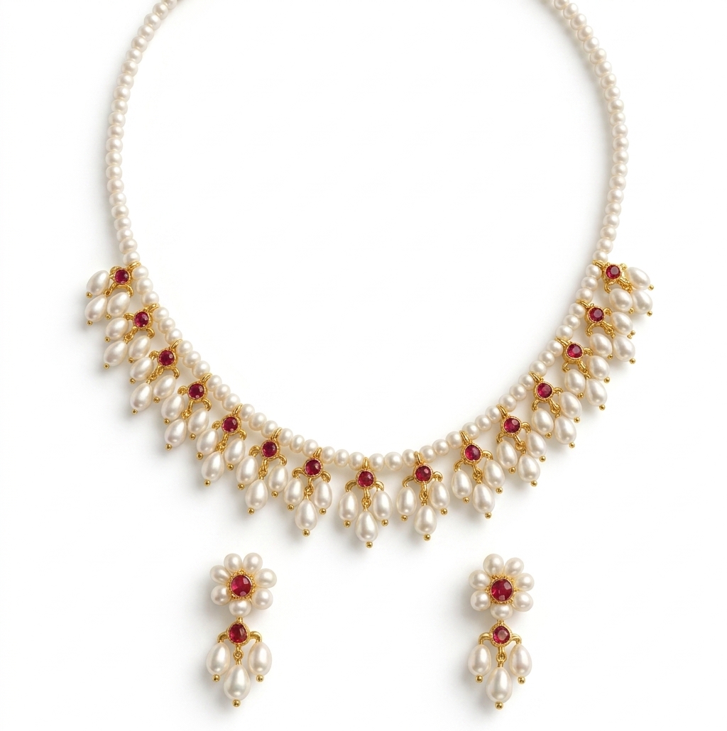 Traditional Pearl Ruby Stone Necklace Earring Set