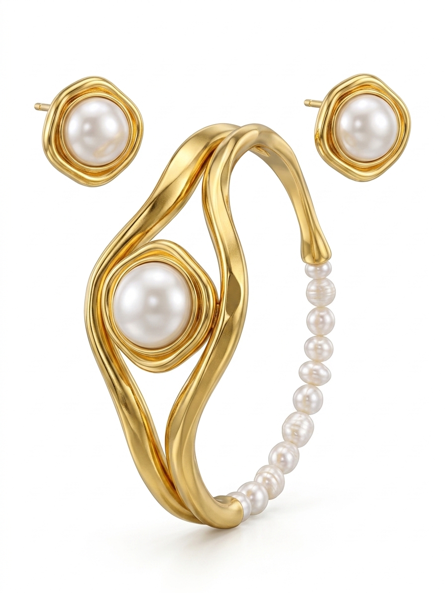 Elegant Golden Pearl Bracelet & Stud Earrings