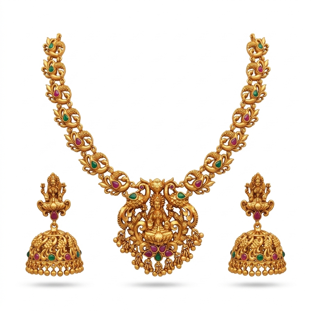 Gold Plated Lakshmi Jhumka Necklace Set