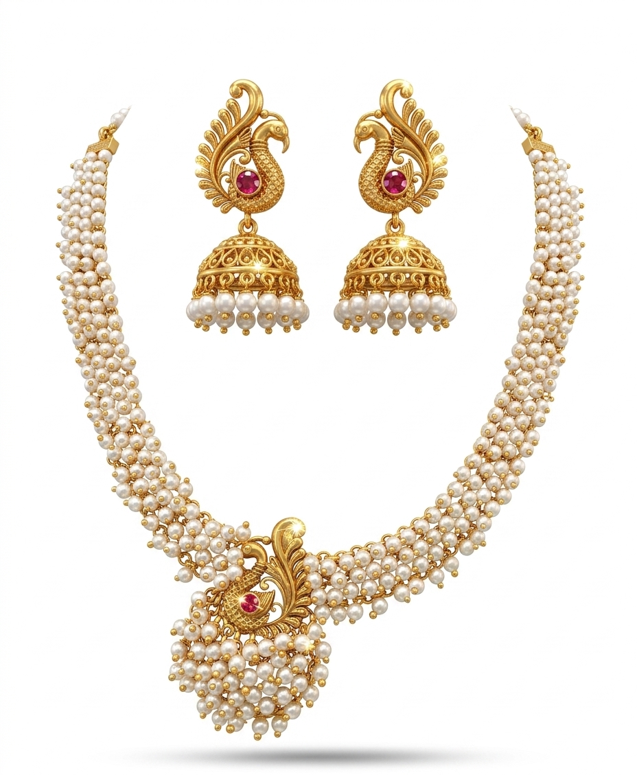 Traditional Pearl Peacock Jewellery Set