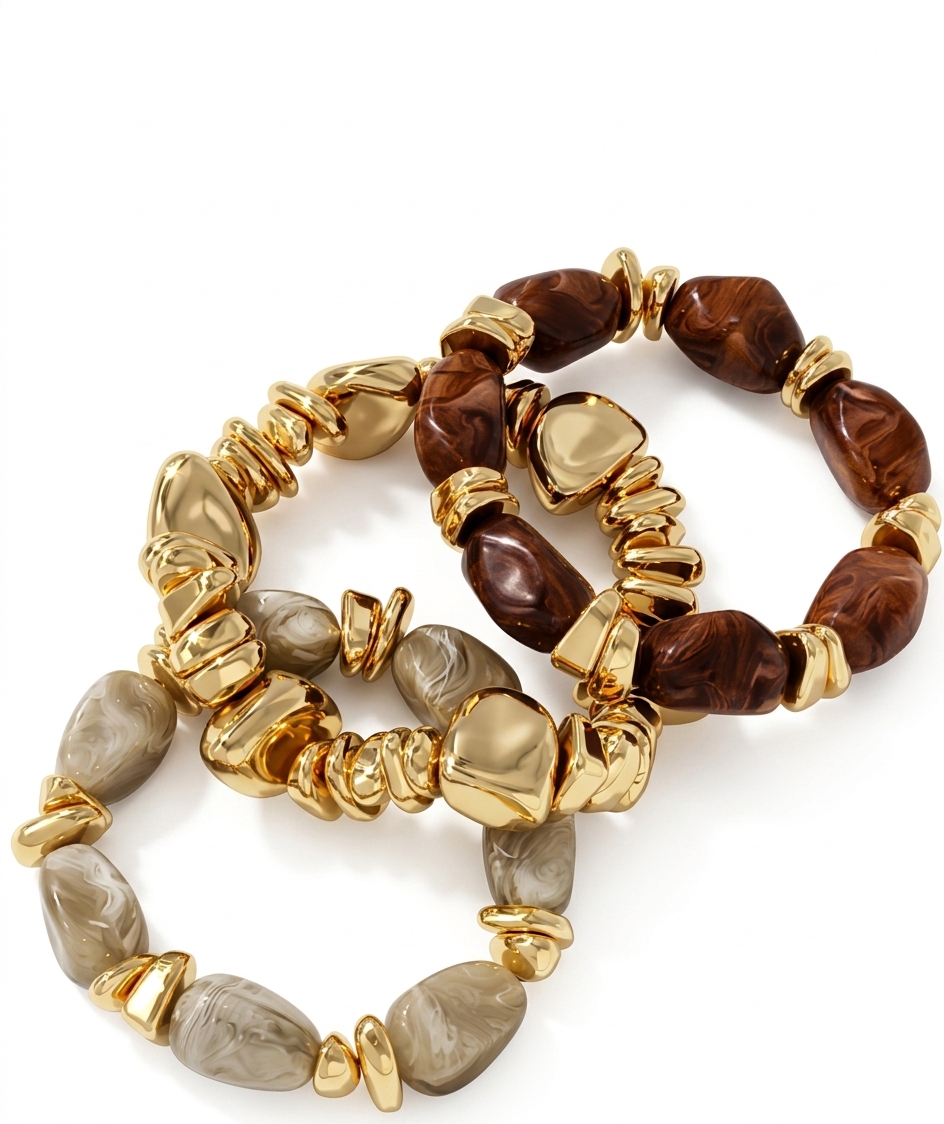 Set of 3 Marble Bead Gold-Toned Bracelets for Women