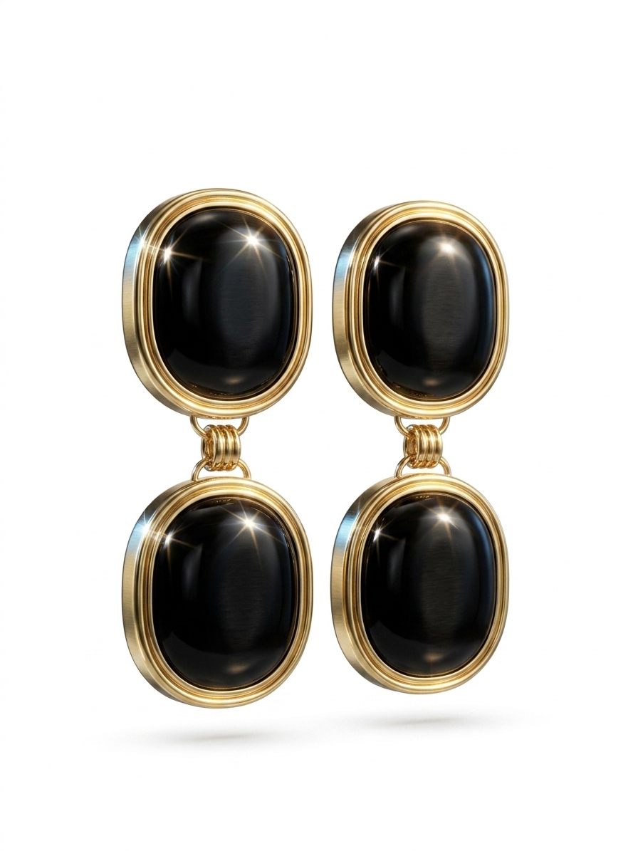 Elegant Gold Plated Black Stone Drop Earrings