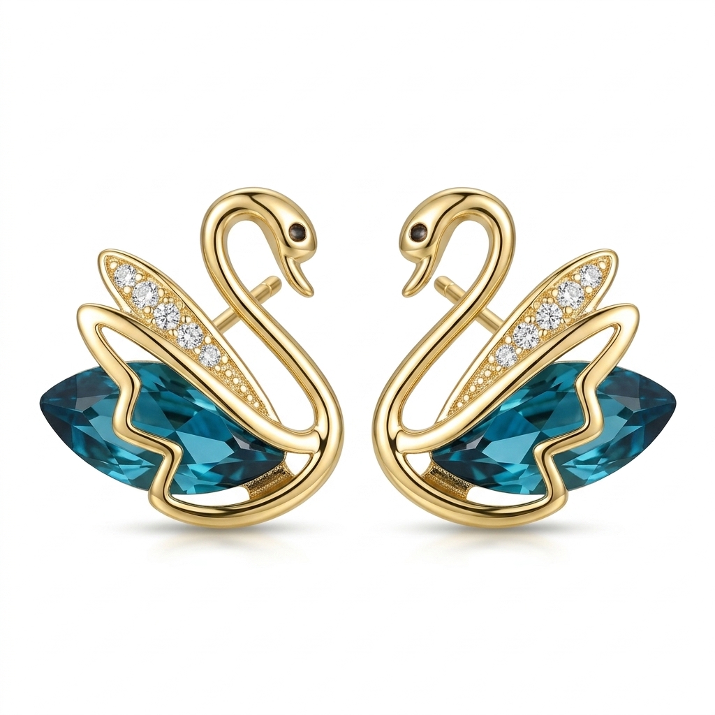 Elegant Swan Gold-Plated Stud Earrings with Blue Stone